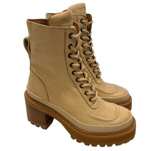 See By Chloe “Mahalia” Tan Leather Combat Boots Stacked Heel Sz US 7 EU 37 NEW